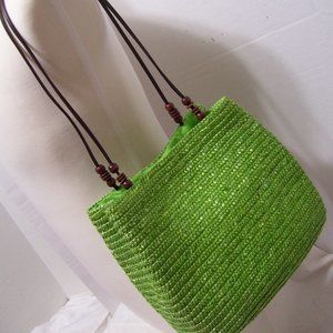 Fashion Handbag Green Straw Back Brown Straps NWOT